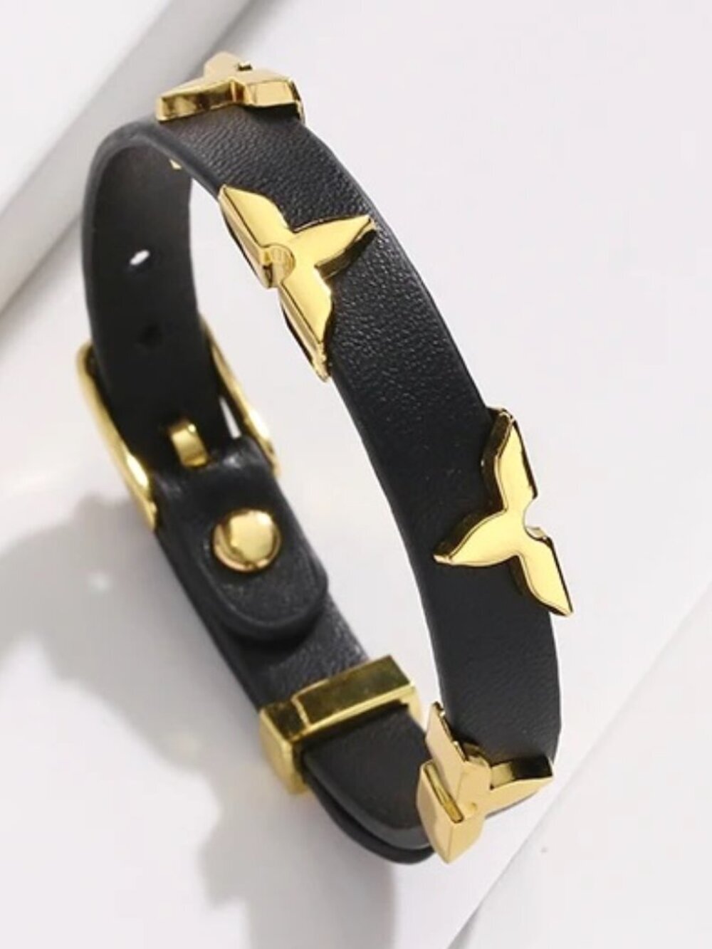 NEW Black Faux Leather Gold Tone Floral Studs Bracelet